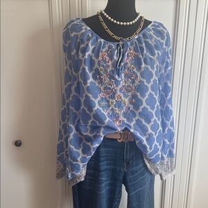 Dolma‎ Blue Embroidered Cotton Blouse